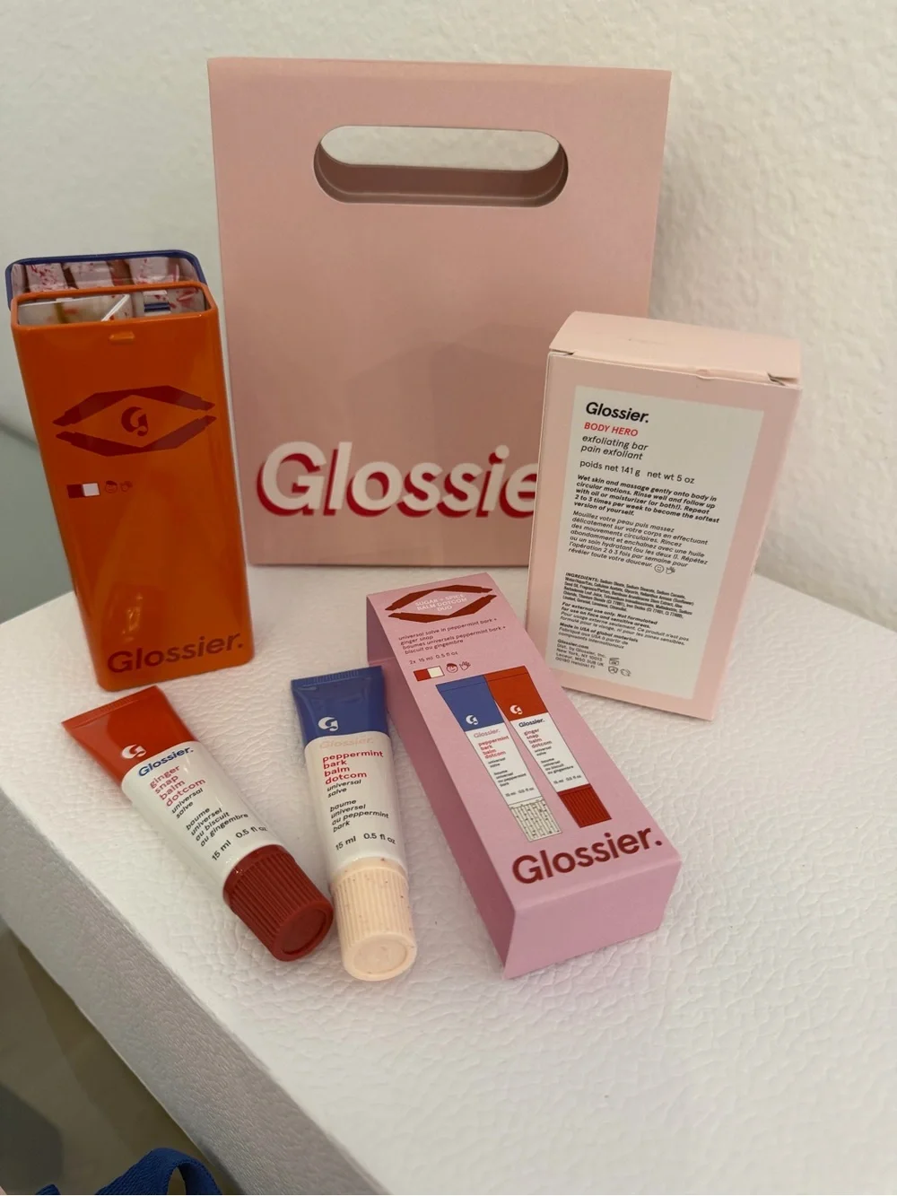 Glossier Balm Dotcom Hydrating Lip Balm Duo & Body Hero Exfoliating Bar NEW